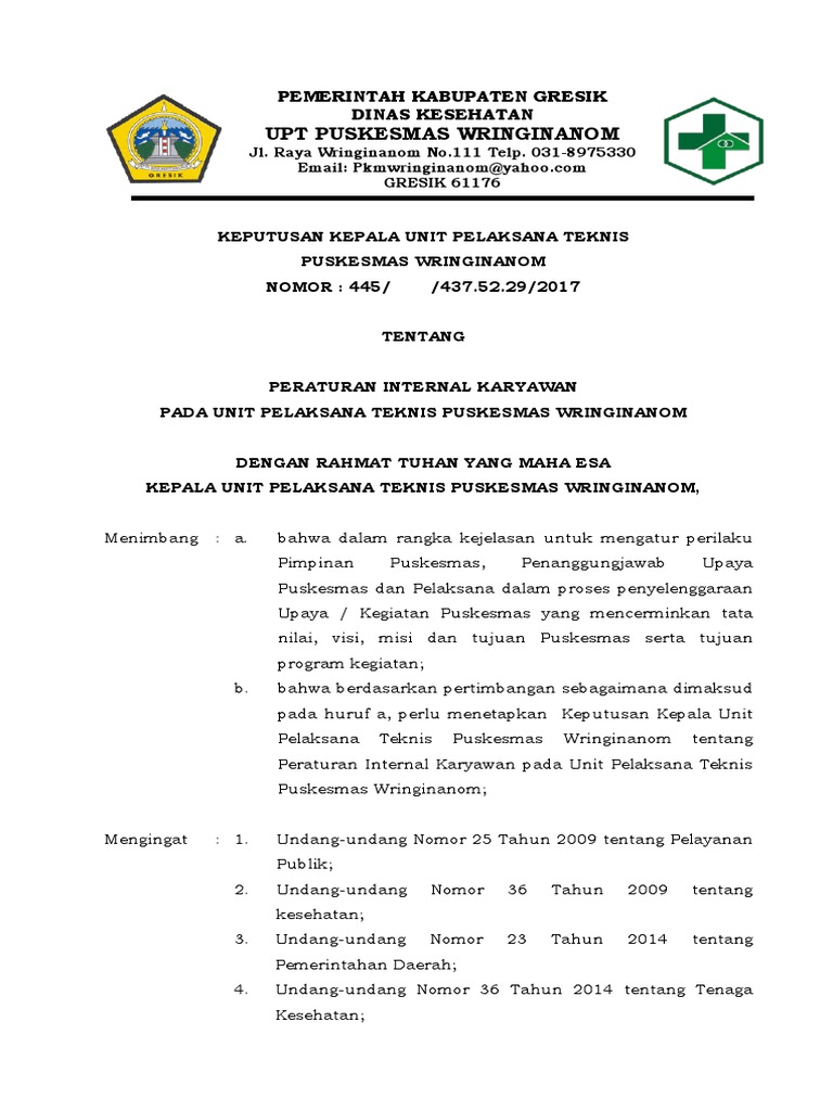 Peraturan Internal Karyawan Puskesmas Wringinanom | PDF