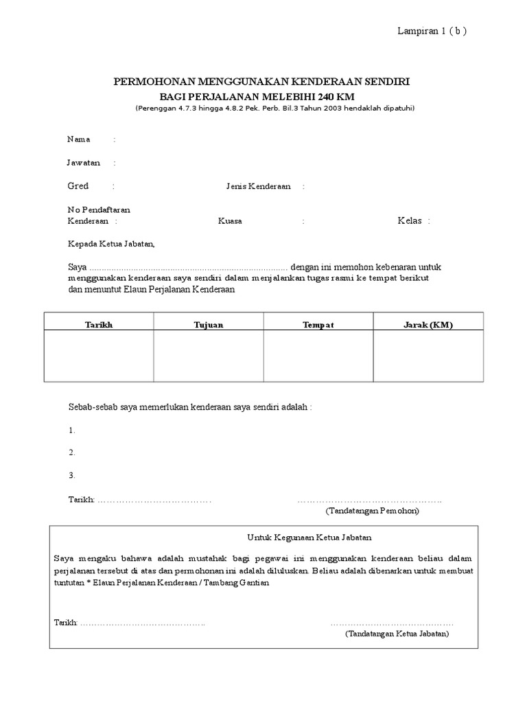 Borang Menggunakan Kenderaan Sendiri 240 Km Pdf