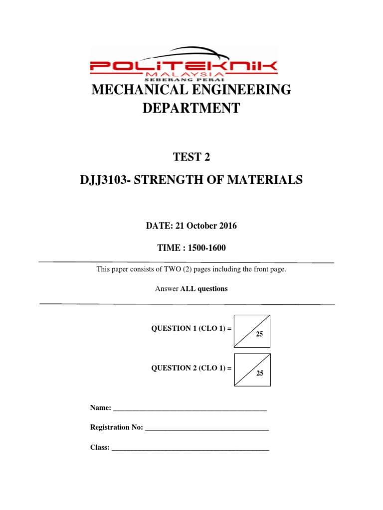 Strength of Materials Test Paper | PDF | Teaching Methods & Materials ...