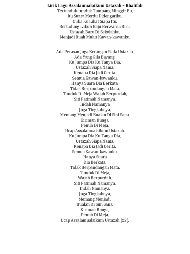 Lirik Lagu Assalamualaikum Ustazah Pdf