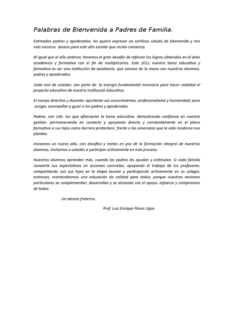 Palabras de Bienvenida A Padres de Familia