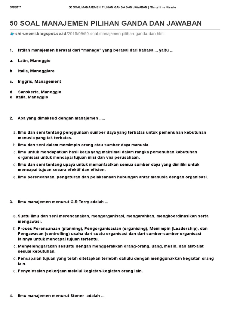 50 Soal Manajemen Pilihan Ganda Dan Jawaban Shirushi No Miracle
