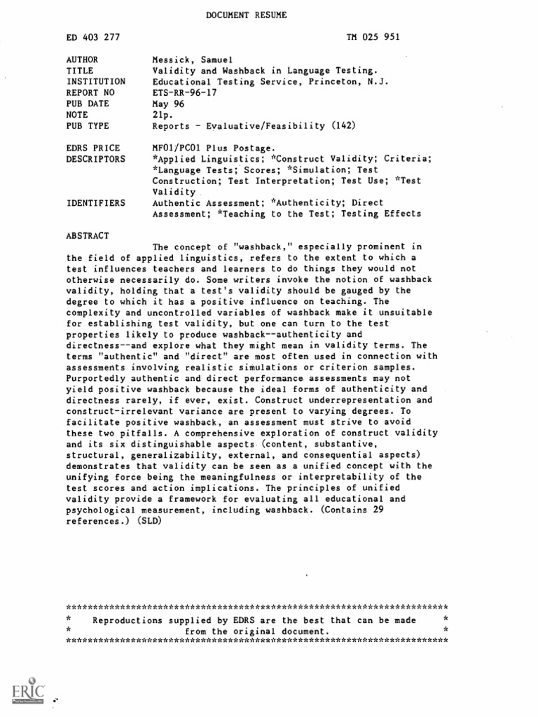 Validity and Washback in Language Testing-Messick | PDF | Validity ...