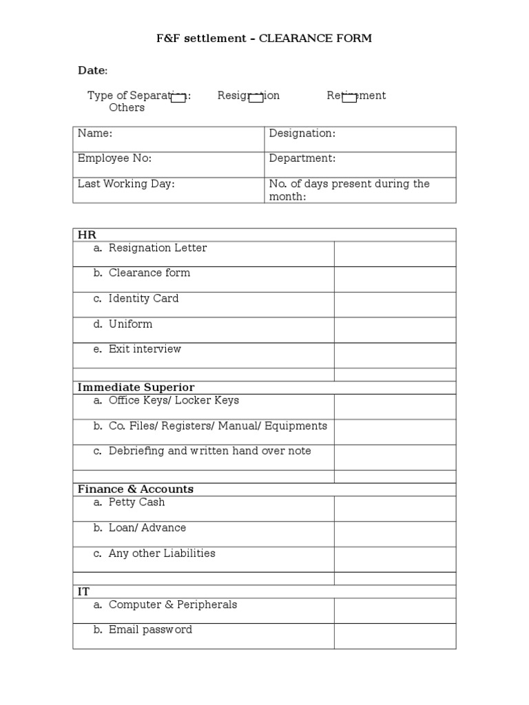 F&F Clearance Form Checklist | PDF