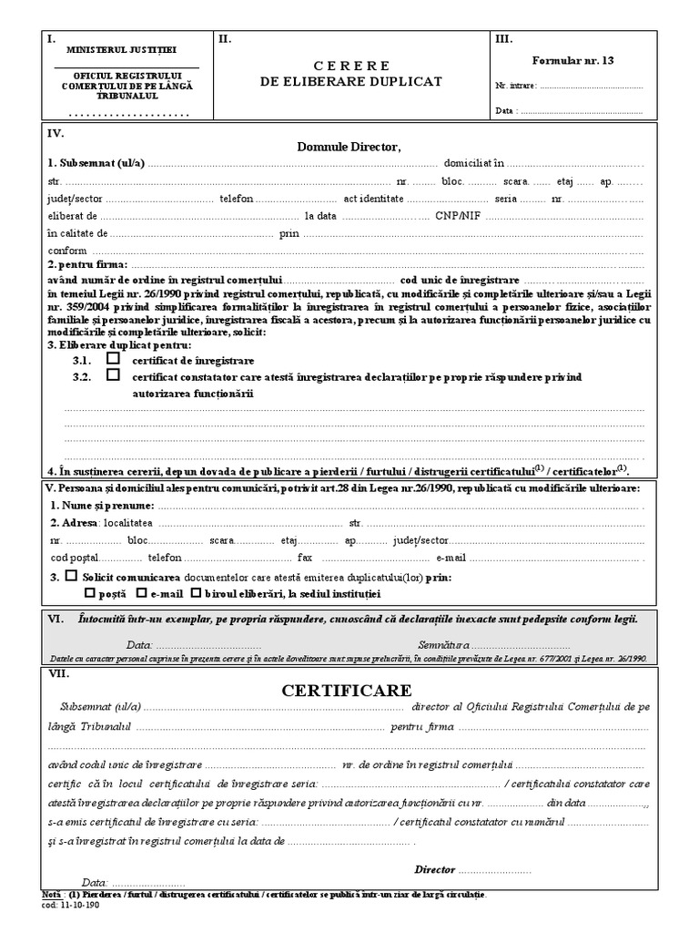 Cerere de Eliberrare Duplicat Certificat de Inregistrare PDF | PDF