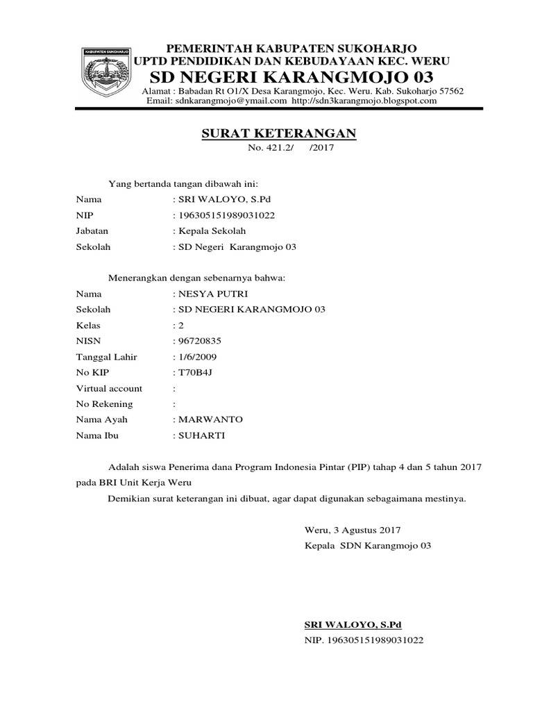Contoh Surat Keterangan Pengambilan Pip