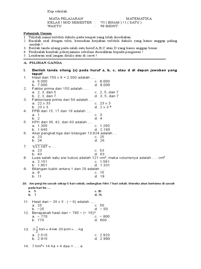 Soal Mid Semester 1 Kelas 6 Matematika