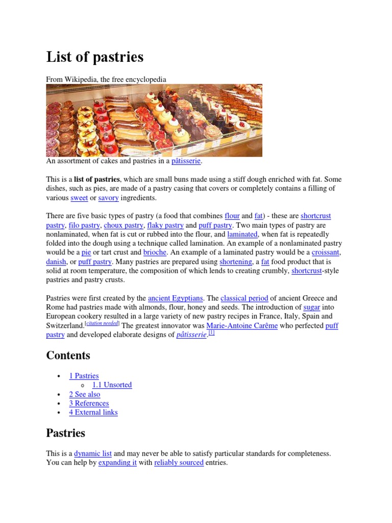 List of Pastries Cakes Custard