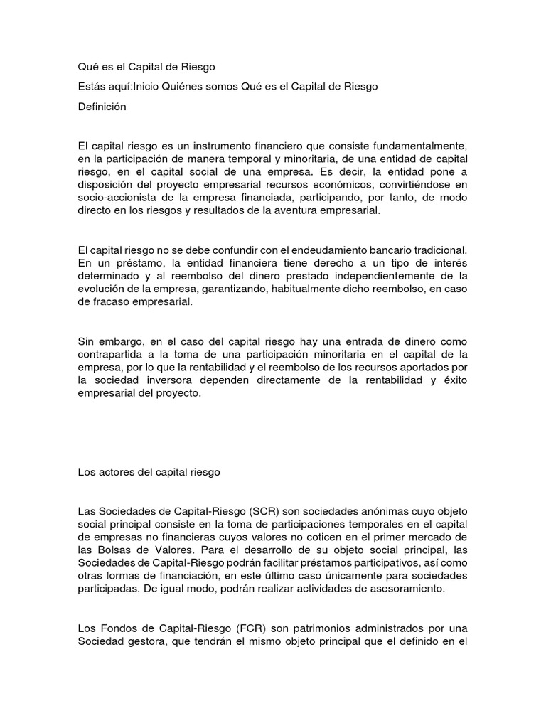 Qué Es El Capital de Riesgo | PDF | Capital de riesgo | Finanzas ...
