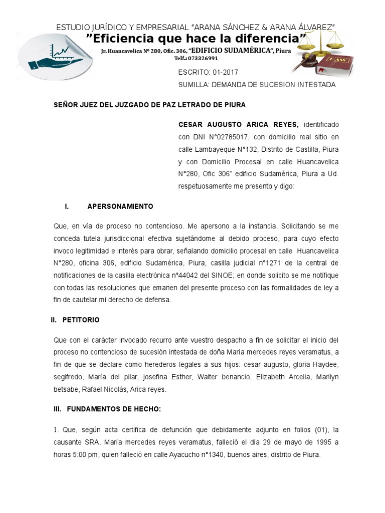 Demanda de Sucesion Intestada | PDF | Herencia | Demanda judicial
