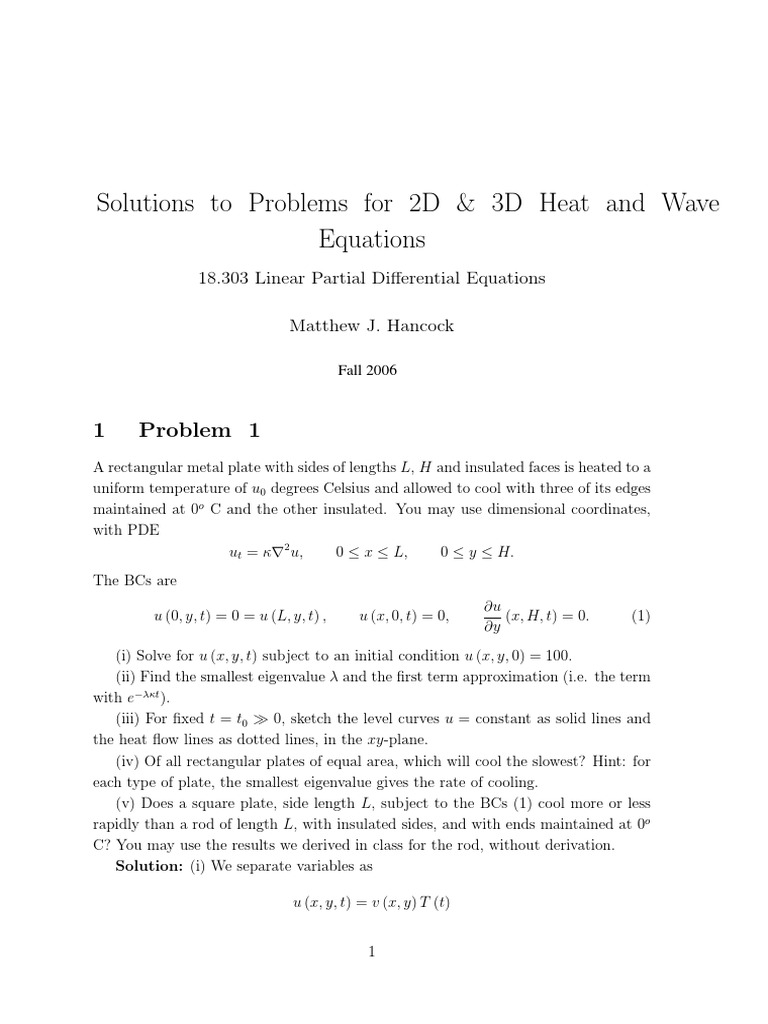 Solutions To Problems For 2D & 3D Heat and Wave Equations | PDF ...