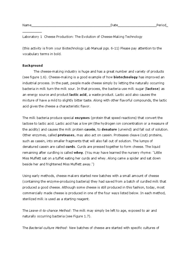 Biotech Lab 1 Cheese Making Lab Cheesemaking Cheese