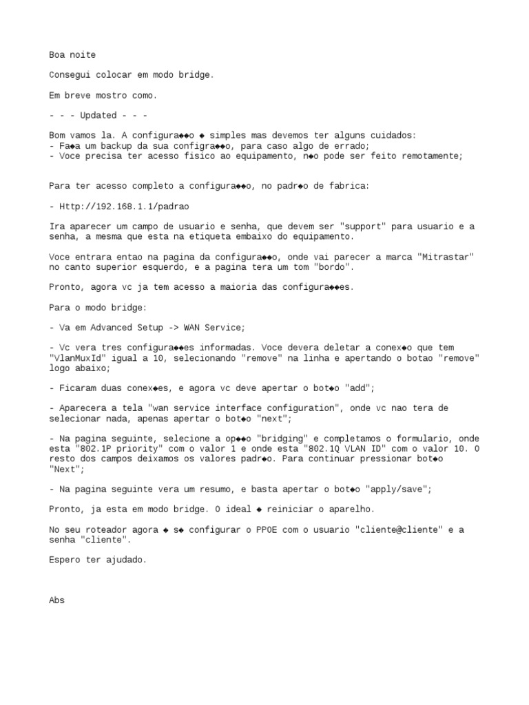 Bridge Mode Modem Vivo Fibra Gpt2541gnacN1 PDF