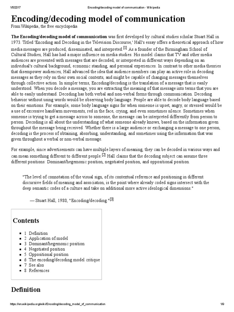 Encoding - Decoding Model of Communication - Wikipedia | PDF ...