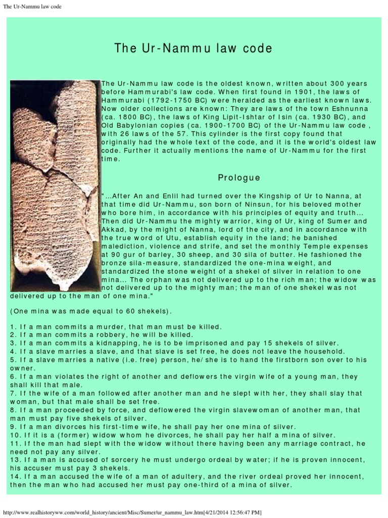 The Ur Nammu Law Code Ur Hammurabi