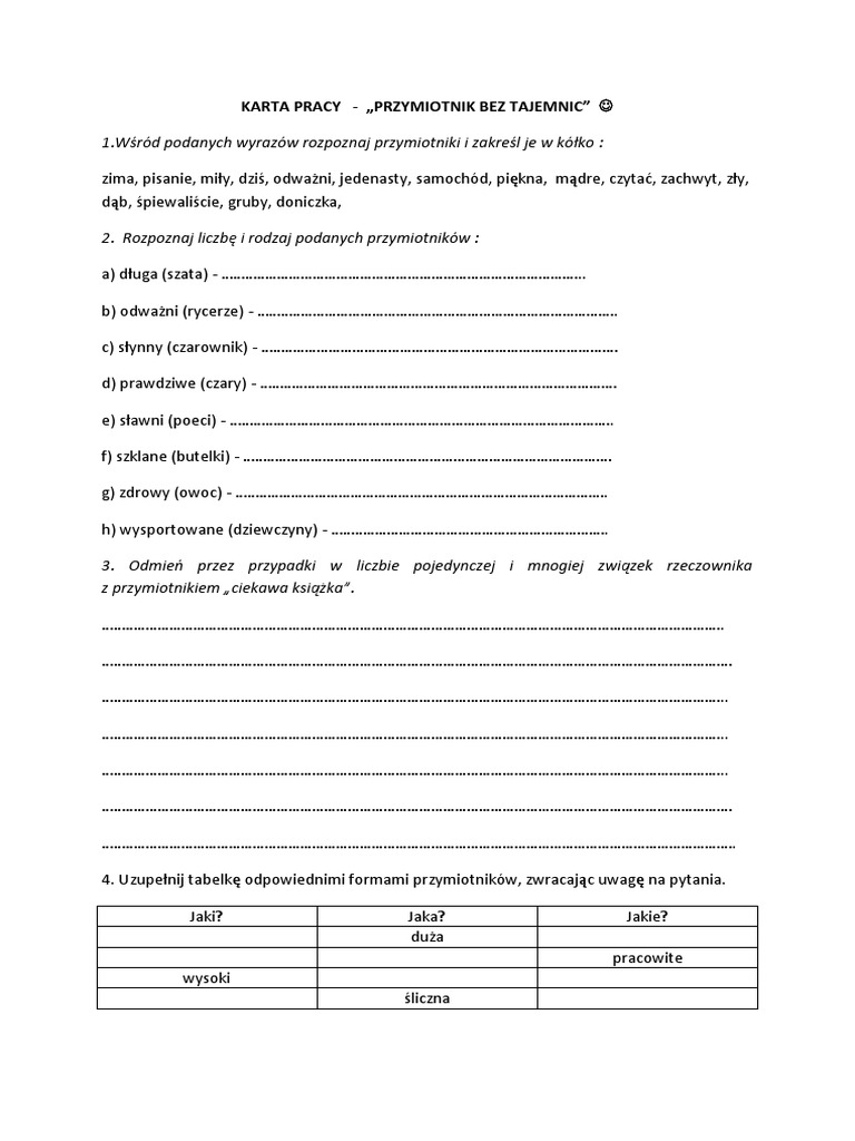 Odmiana Przymiotnika Przez Przypadki Klasa 4 Sprawdzian