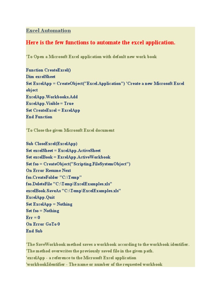 Here Is The Few Functions To Automate The Excel Application | PDF