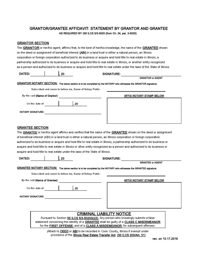 Grantor/Grantee Affidavit Illinois | PDF | Notary Public | Deed