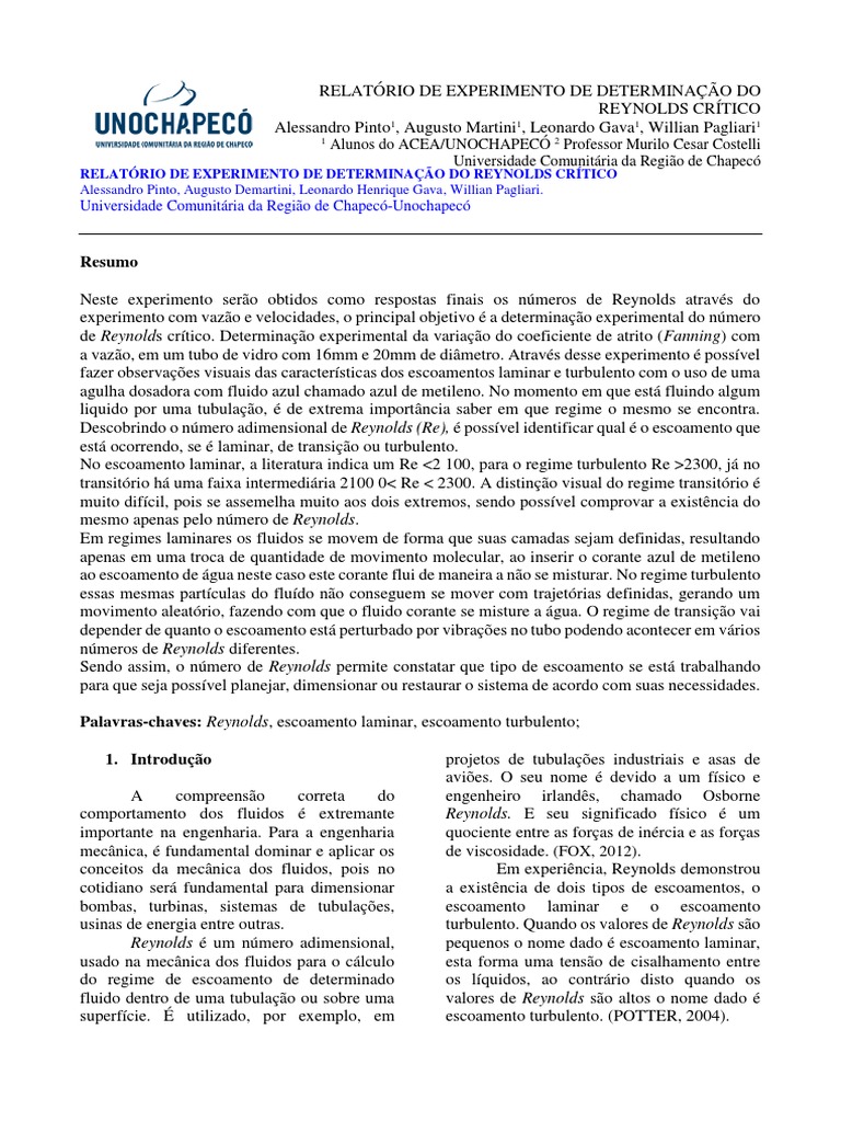 Relatório de Experimento de Determinação Do Reynolds Crítico | PDF ...
