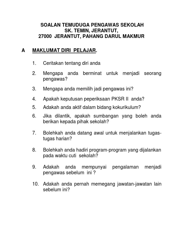 Tips Soalan Temuduga Pengawas Sekolah Pdf