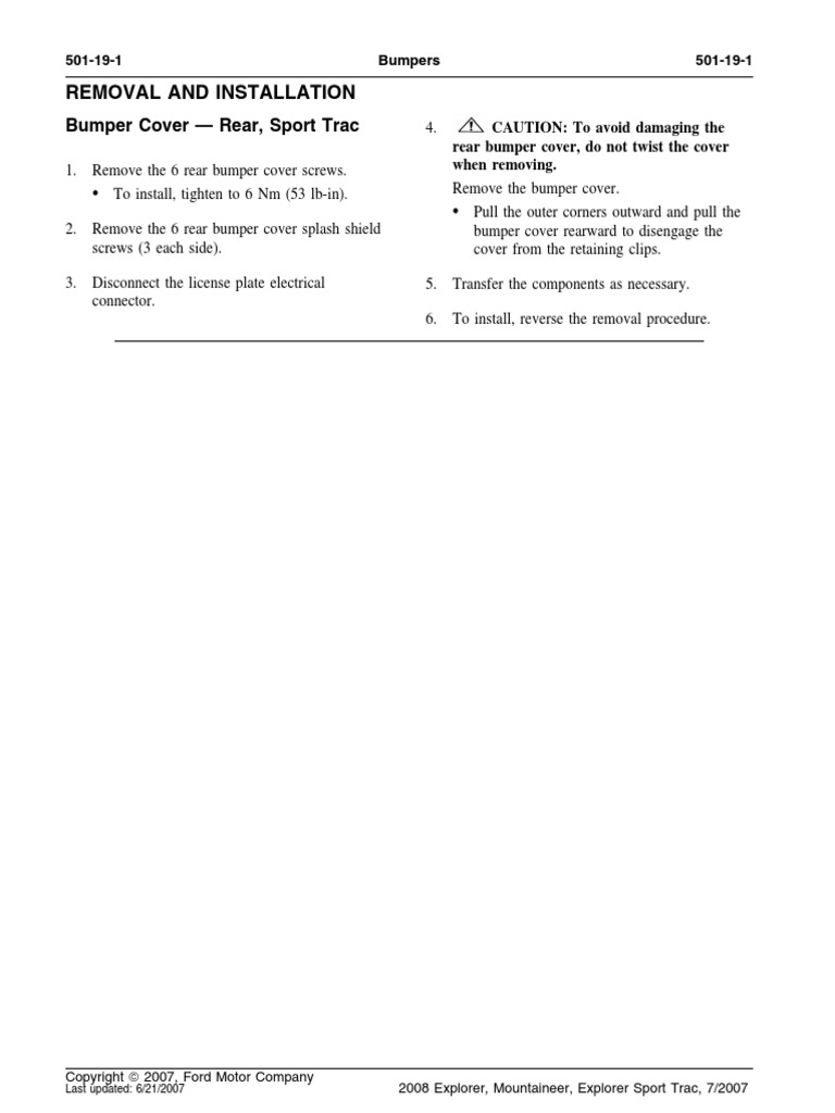Bumper Cover 8212 Rear Sport Trac Removal and Installation PDF PDF