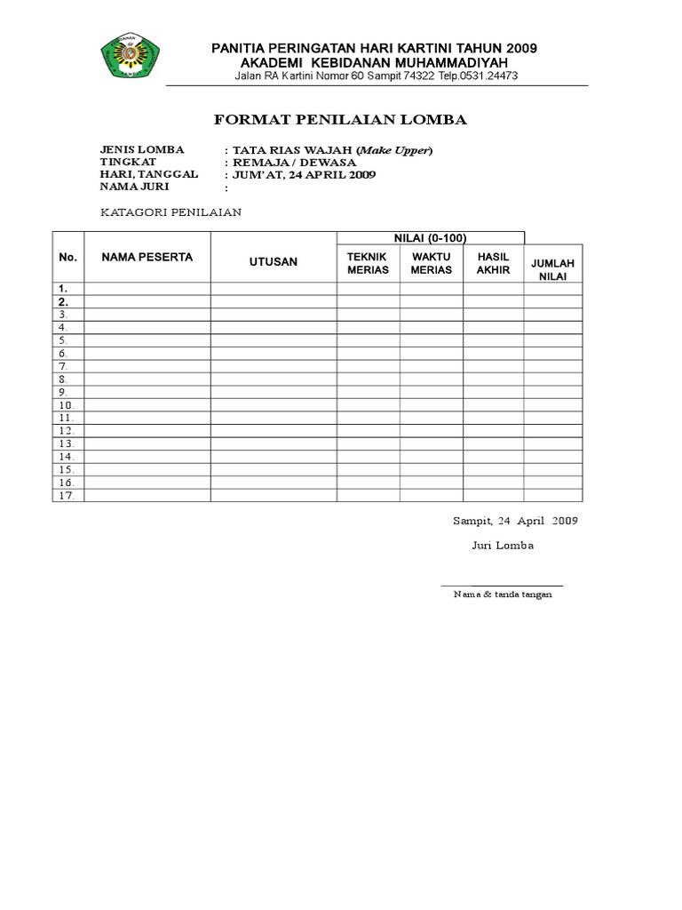 Format Penilaian Lomba Tata Rias Wajah 24 Apr 2009