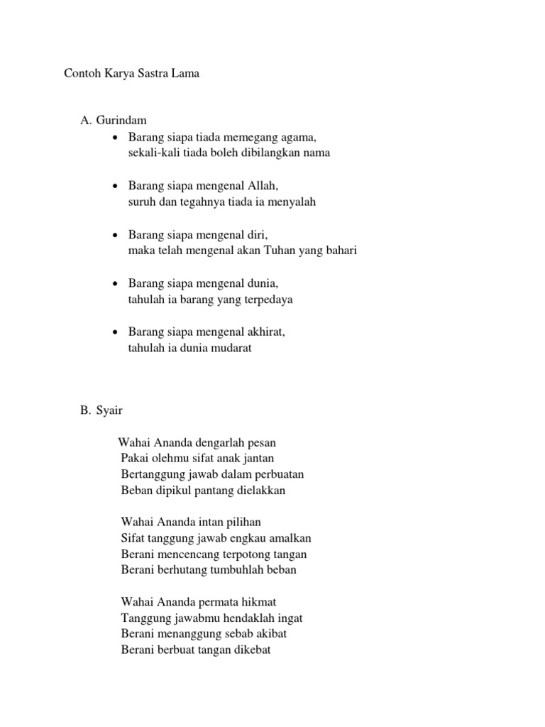 Contoh Karya Sastra Lama