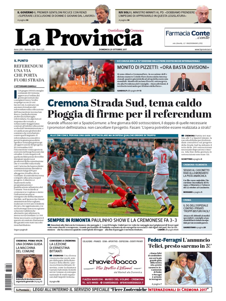 La Provincia Di Cremona 29102017 Prima Pagina