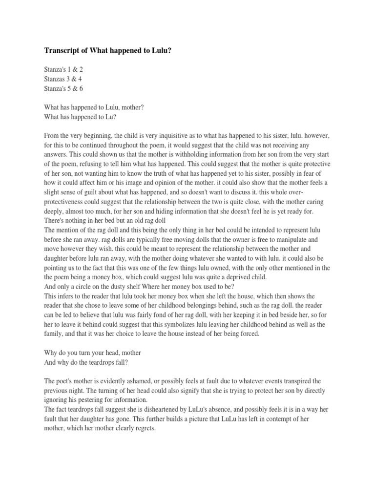 What Has Happened to Lulu?: An Analysis of Charles Causley's Poem | PDF