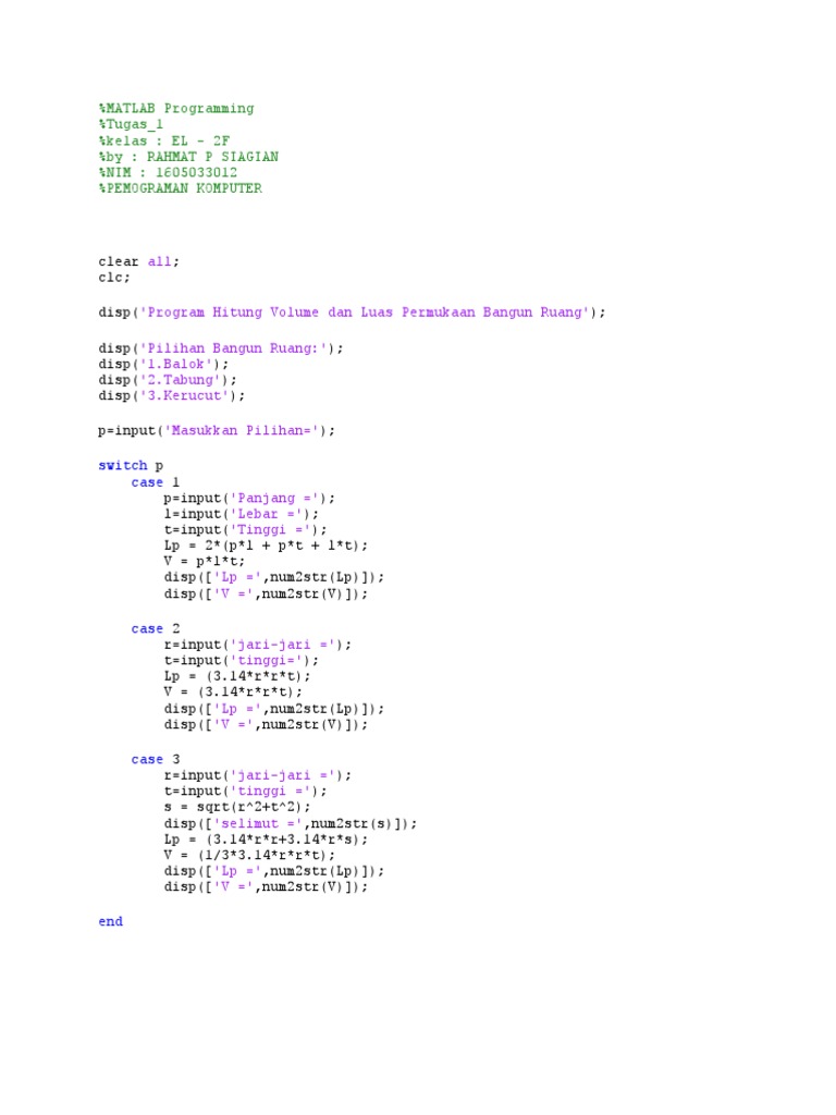 MATLAB volume surface area calculator | PDF