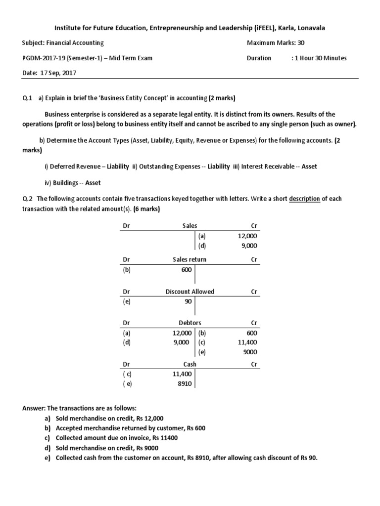Exam Paper Financial Accounting Soln Debits And Credits Financial Accounting
