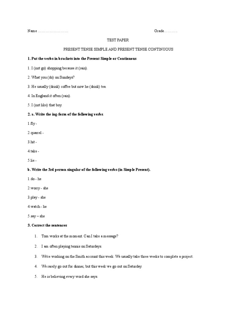 Present Simple vs Continuous Test | PDF | Rules | Verb