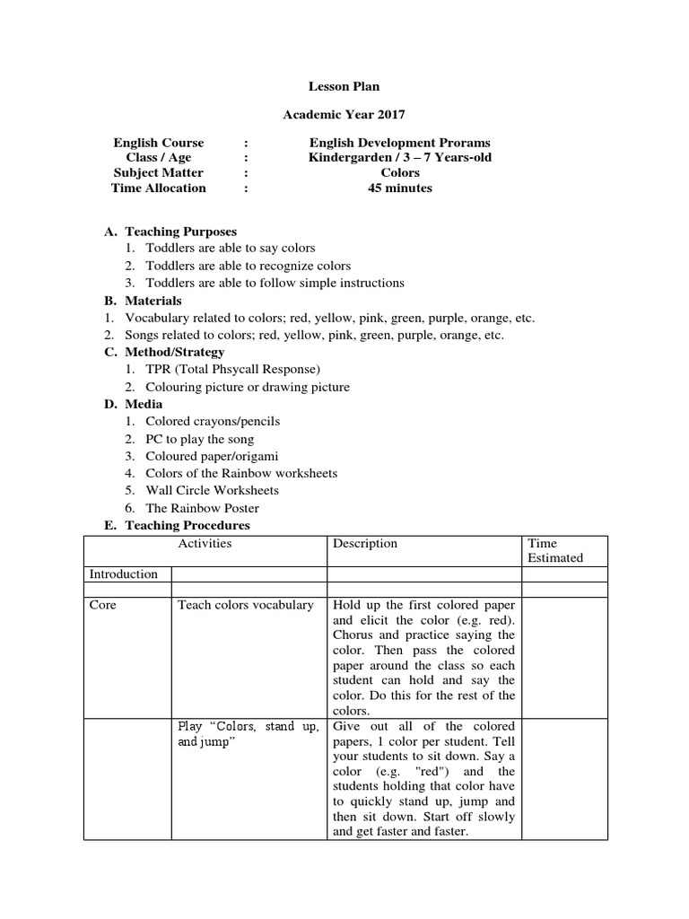 Primary Colors Lesson Plan Kindergarten Pdf