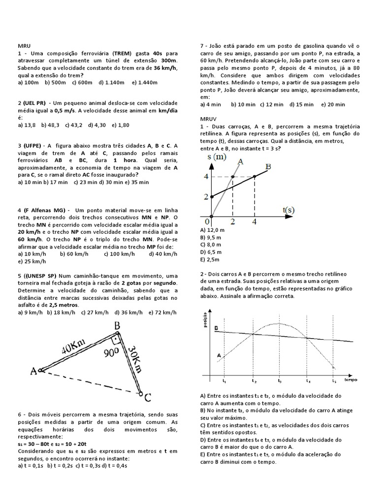 Exercícios sobre MRU e MRUV | PDF | Trajetória | Velocidade