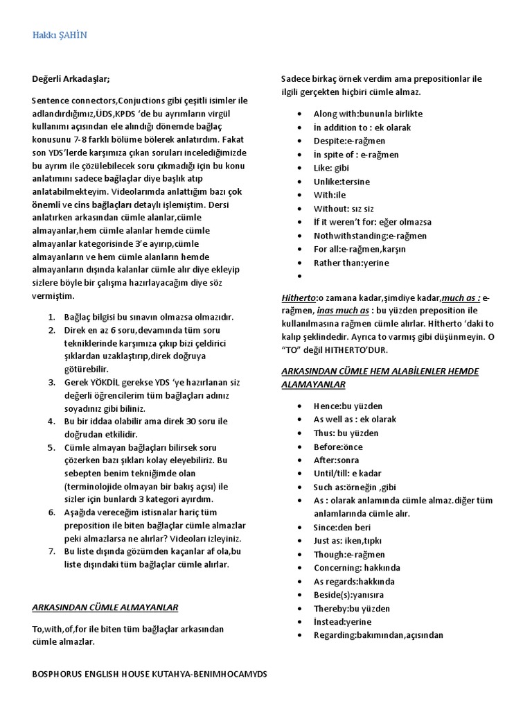 Bağlaç Kullanimlari YDS | PDF