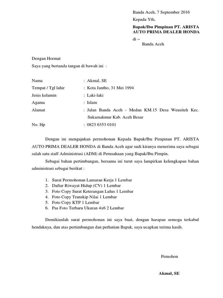 Surat Lamaran Arista