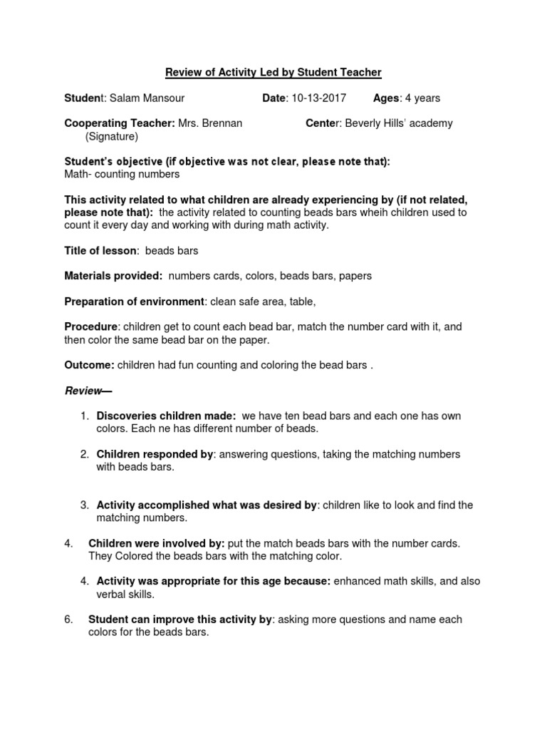 Student Teacher Activity Review: Counting Beads | PDF | Career & Growth