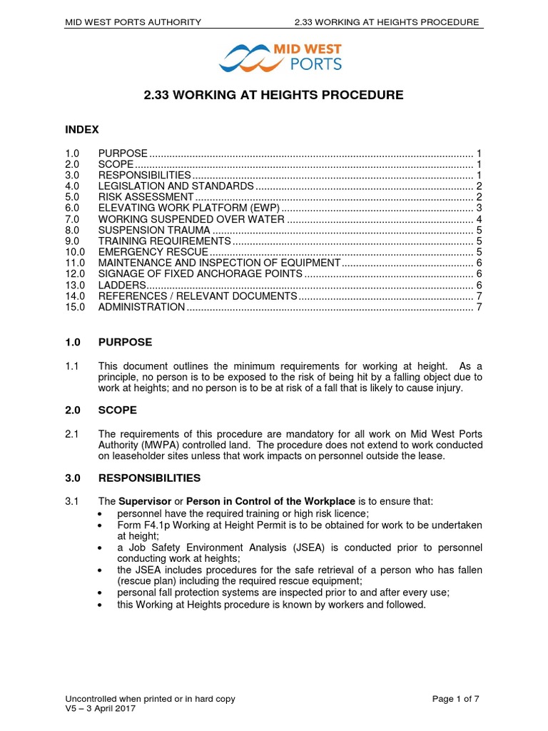 Working at Heights Procedure Guide | PDF | Personal Protective ...