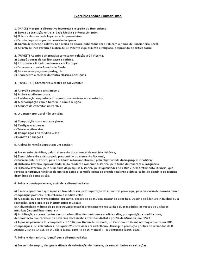 Exercício Sobre Humanismo | PDF | Humanismo | Idade Média
