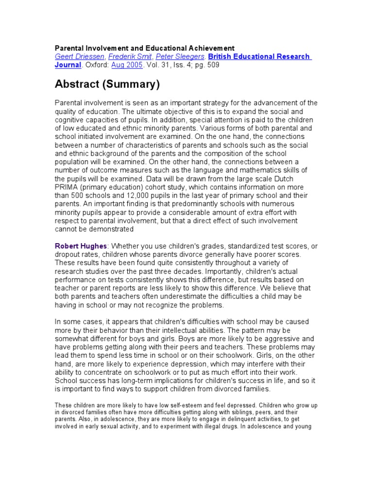Parental Involvement and Educational Achievement | PDF | Adolescence ...