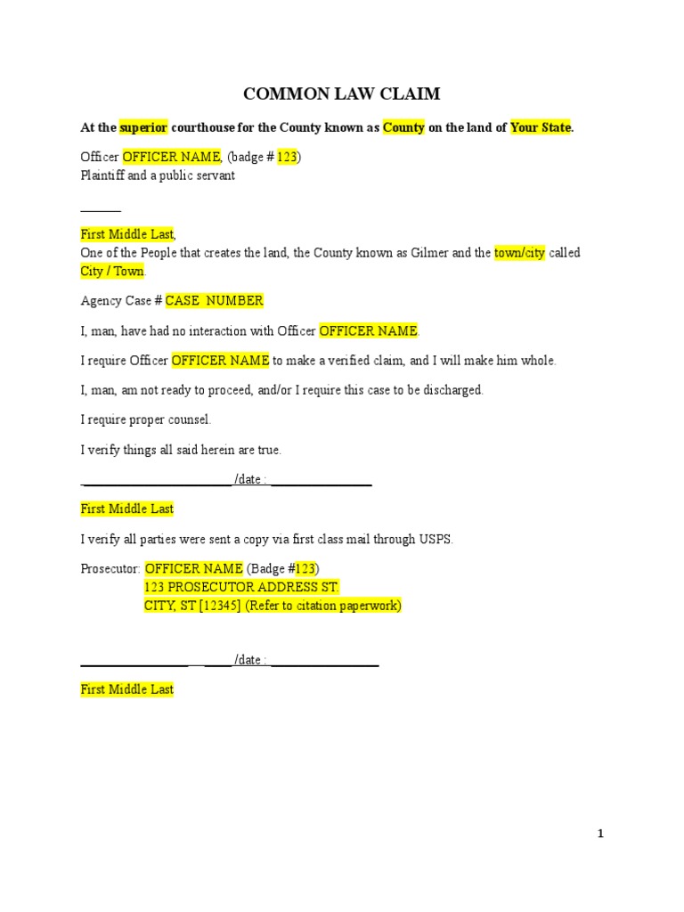 Common Law Claim Template PDF