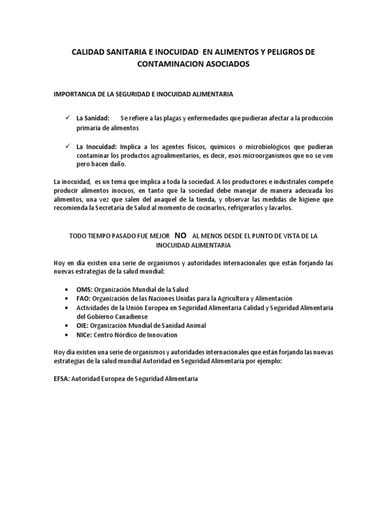 Calidad Sanitaria e Inocuidad en Alimentos y Peligros de Contaminacion ...
