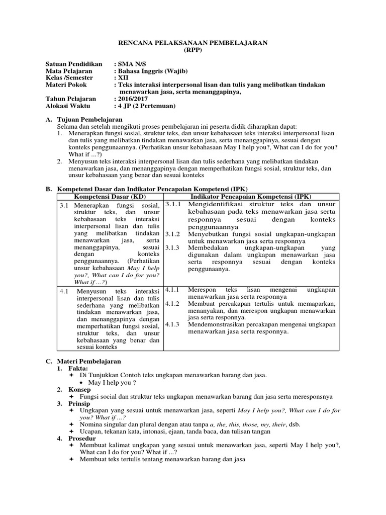 Rpp Bahasa Inggris Kelas Xii Revisi 2016 Kd 3 1 4 1