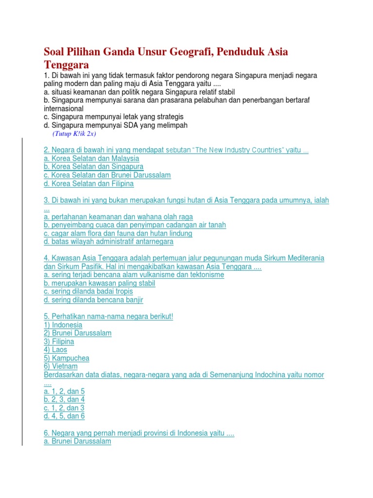 Soal Pilihan Ganda Unsur Geografi