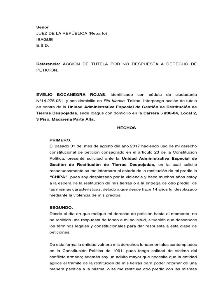 Tutela Por No Contestacion de Derecho de Petición. | PDF | Derecho ...