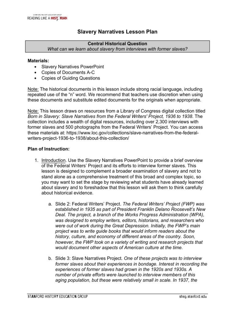 Slavery Narratives Teacher Materials Slavery Slavery In The United States