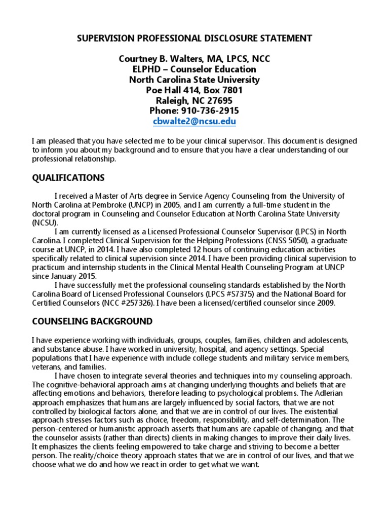 supervision professional disclosure statement updated august 2017