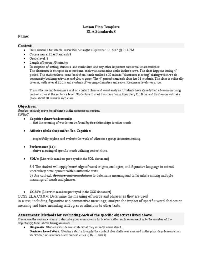 Lesson Plan Template ELA Standards 8 Name Context PDF Educational