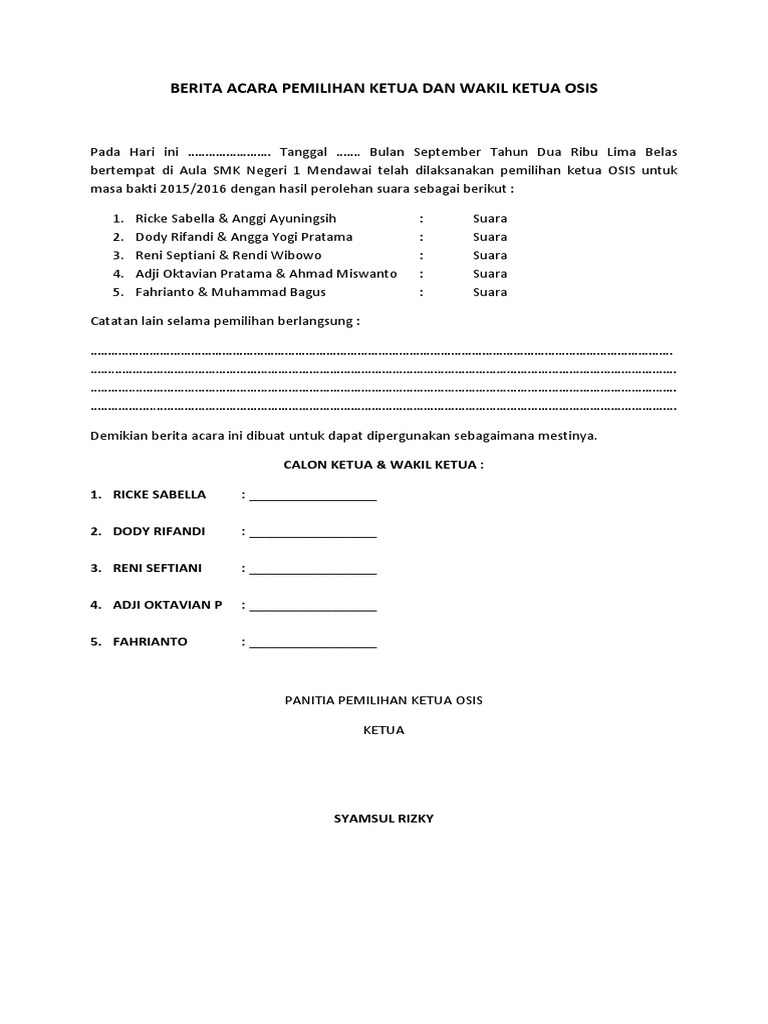 Berita Acara Pemilihan Ketua Dan Wakil Ketua Osis