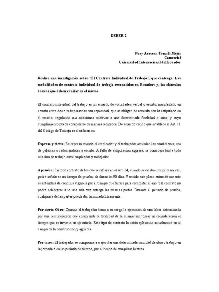 Contrato Individual de Trabajo en El Ecuador PDF Salario Economias